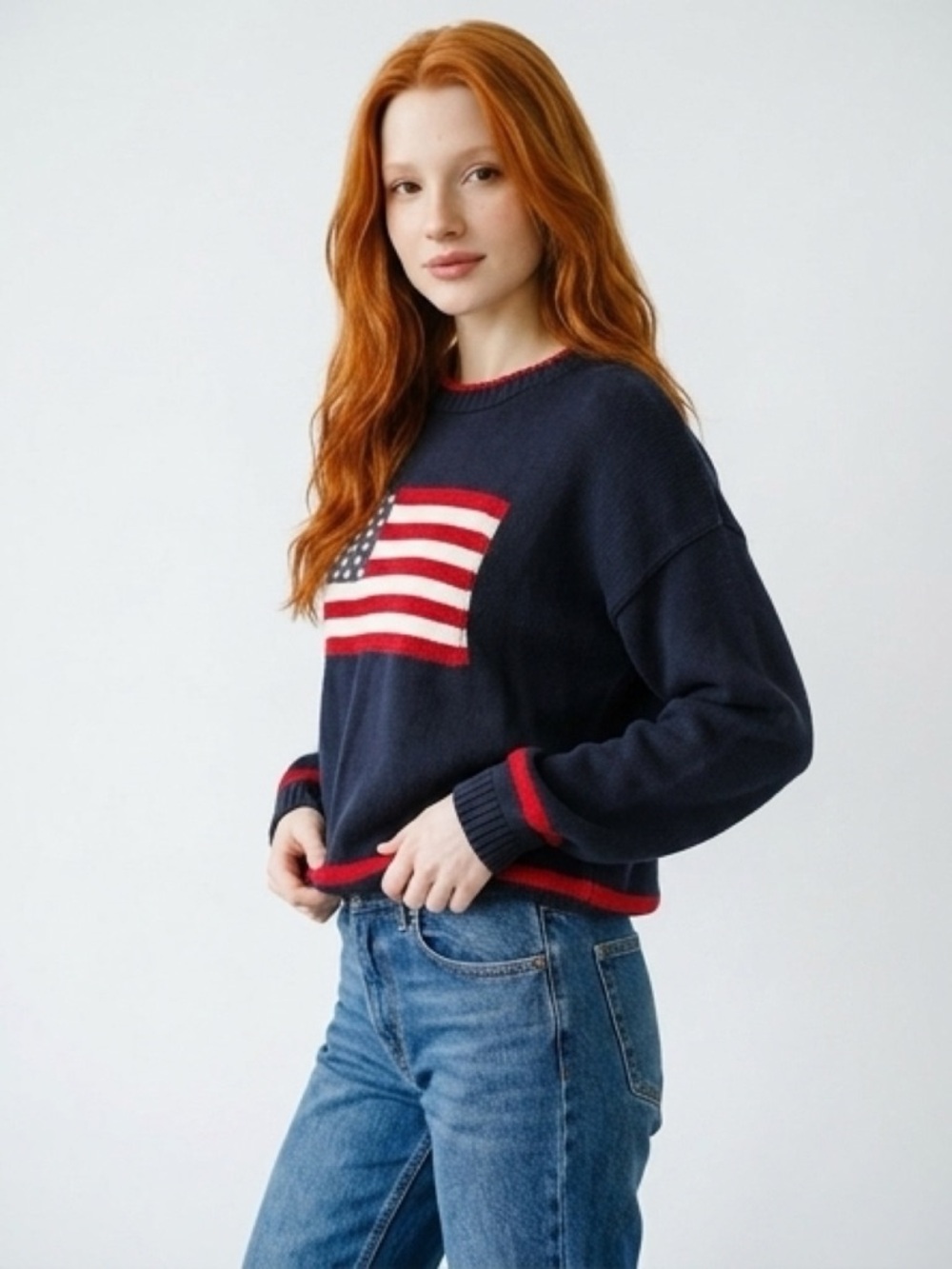 Vintage 90s Liberty USA Flag Cotton Knit Sweater - XL Oversized Americana